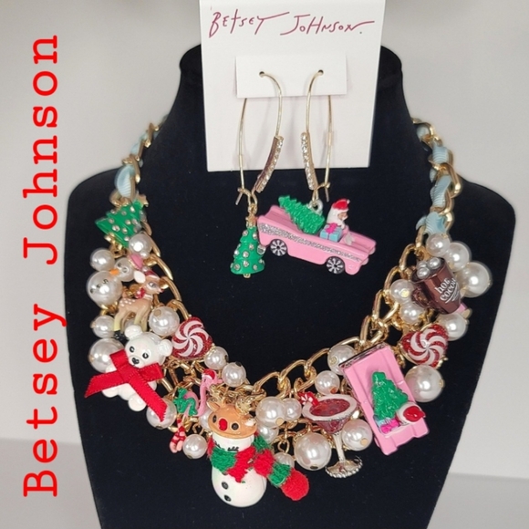 Betsey Johnson Jingle Bell Bling Bauble Charm Christmas Neclace AND Earrings - Picture 1 of 16